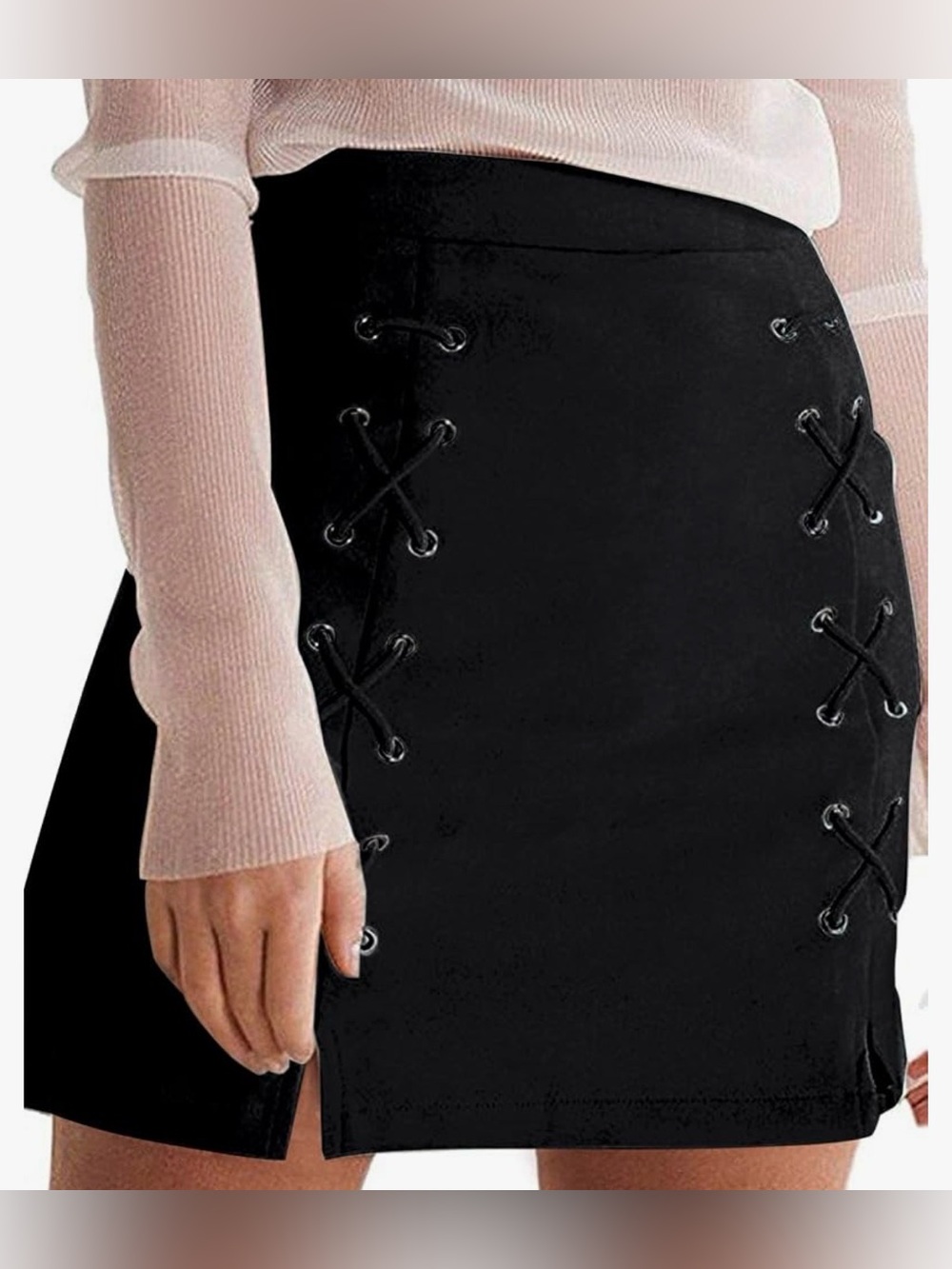MANGOPOP Black Faux Suede Lace-Up Mini Skirt Size L